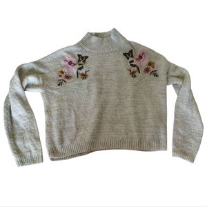 Cloud Chaser Juniors Light Cream Ivory Beige Sweater with Floral Embroidery Larg